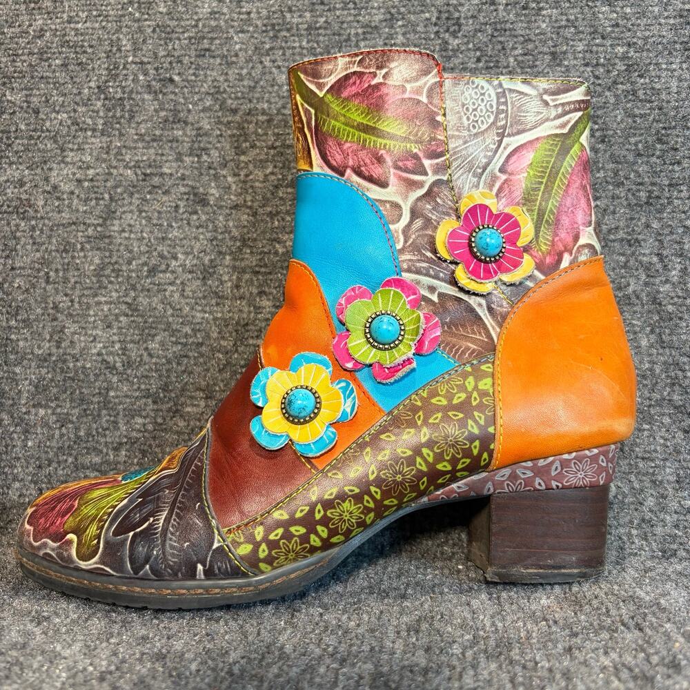 L'Artiste Leather Floral Colorful Block Heel Booties Women 9.5 Spring Step